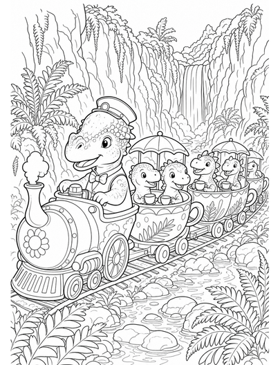 Pachycephalosaurus Tea Train In Fern Canyon printable coloring page from the dinosaur coloring pages collection
