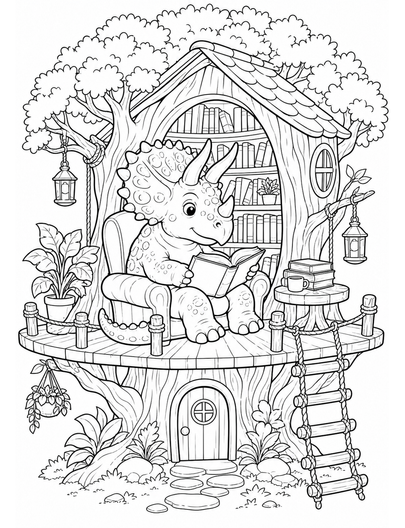 Pachyrhinosaurus Library Treehouse printable coloring page from the dinosaur coloring pages collection