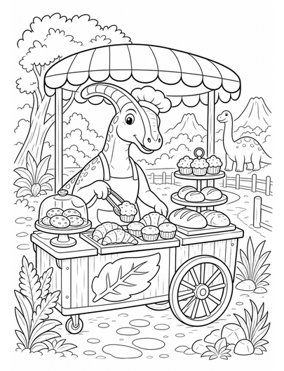 Parasaurolophus Bakery Cart At Dino Park printable coloring page from the dinosaur coloring pages collection
