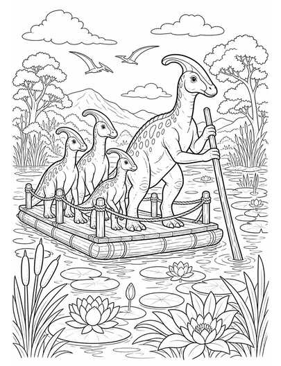 Parasaurolophus Ferry At Lily Marsh printable coloring page from the dinosaur coloring pages collection