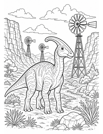 Parasaurolophus In A Canyon Windmill Farm printable coloring page from the dinosaur coloring pages collection