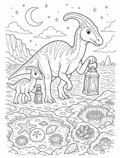 Parasaurolophus Lantern Walk By Fossil Tidepools printable coloring page from the dinosaur coloring pages collection