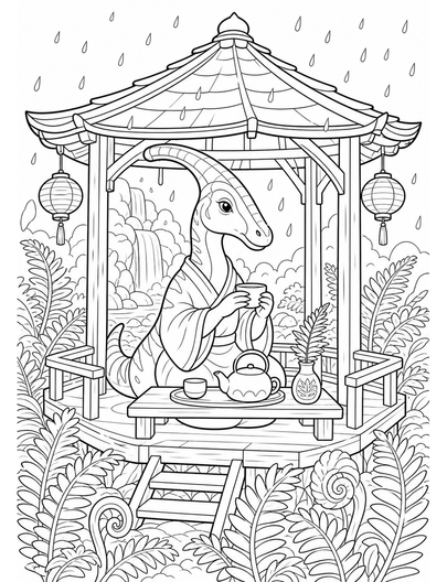Parasaurolophus Tea Pavilion In Fern Rain printable coloring page from the dinosaur coloring pages collection