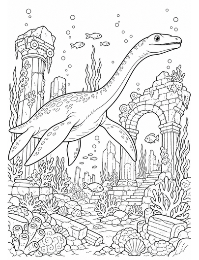 Plesiosaur Gliding Through Coral Reef Ruins printable coloring page from the dinosaur coloring pages collection
