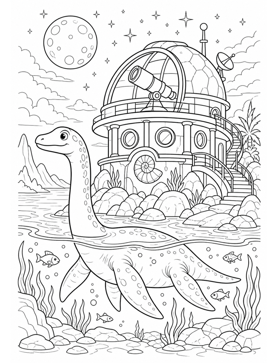 Plesiosaur Observatory At Moonlit Lagoon printable coloring page from the dinosaur coloring pages collection