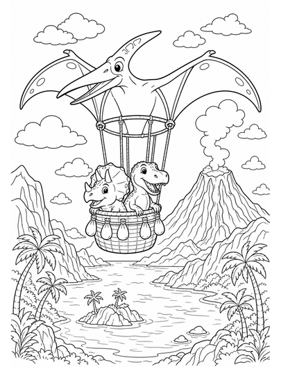 Pteranodon Hot Air Balloon Over Volcano Bay printable coloring page from the dinosaur coloring pages collection