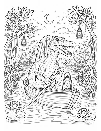 Spinosaurus Lantern Boat Through Mangroves printable coloring page from the dinosaur coloring pages collection