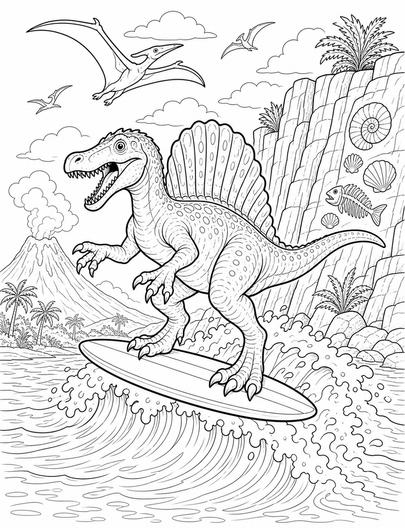 Spinosaurus Surfing By Fossil Cliffs printable coloring page from the dinosaur coloring pages collection