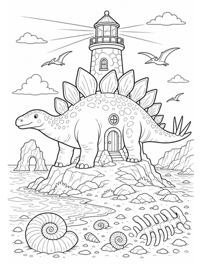 Stegosaurus Lighthouse On Fossil Coast printable coloring page from the dinosaur coloring pages collection
