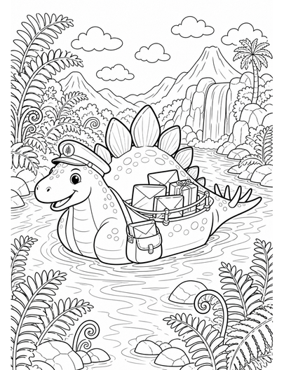Stegosaurus Mailboat On A Fern River printable coloring page from the dinosaur coloring pages collection