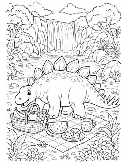 Stegosaurus Picnic By The Waterfall printable coloring page from the dinosaur coloring pages collection