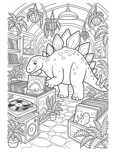 Stegosaurus Record Shop In Fern Arcade printable coloring page from the dinosaur coloring pages collection