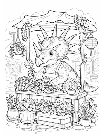 Styracosaurus Flower Stall In Misty Market printable coloring page from the dinosaur coloring pages collection