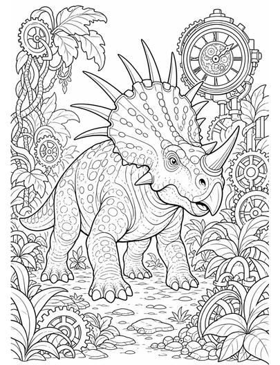 Styracosaurus In A Clockwork Jungle printable coloring page from the dinosaur coloring pages collection