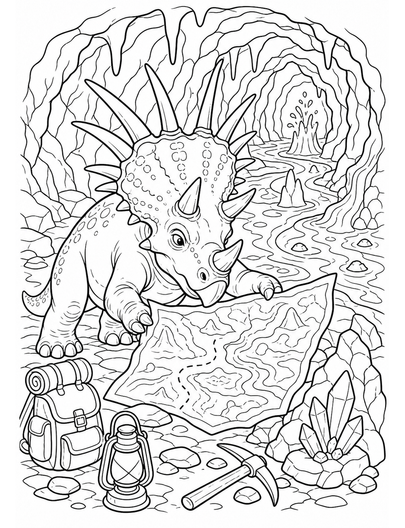 Styracosaurus Reading Maps In A Lava Tunnel printable coloring page from the dinosaur coloring pages collection