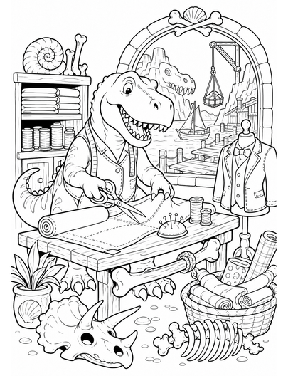 T-Rex Tailor Shop In Fossil Harbor printable coloring page from the dinosaur coloring pages collection