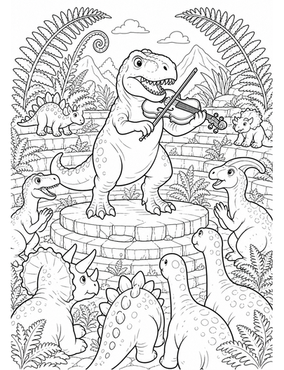 T-Rex Violin Concert In Fern Amphitheater printable coloring page from the dinosaur coloring pages collection