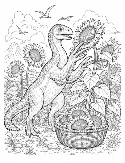 Therizinosaurus Harvesting Giant Sunflowers printable coloring page from the dinosaur coloring pages collection