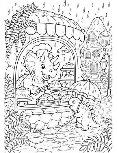 Triceratops Bakery Window In Rainy Fern Town printable coloring page from the dinosaur coloring pages collection