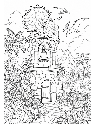 Triceratops Bell Tower In Fern Harbor printable coloring page from the dinosaur coloring pages collection