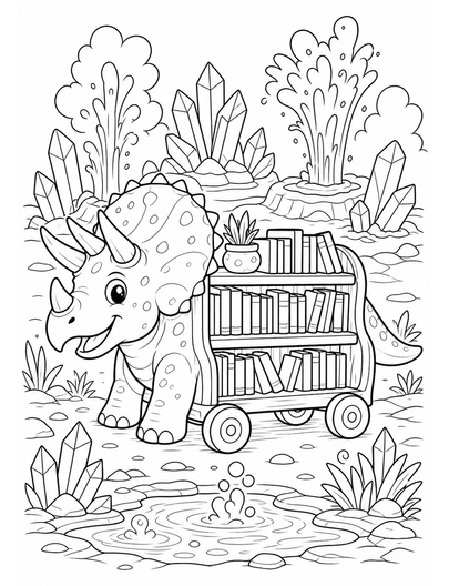 Triceratops Book Cart By Crystal Geysers printable coloring page from the dinosaur coloring pages collection