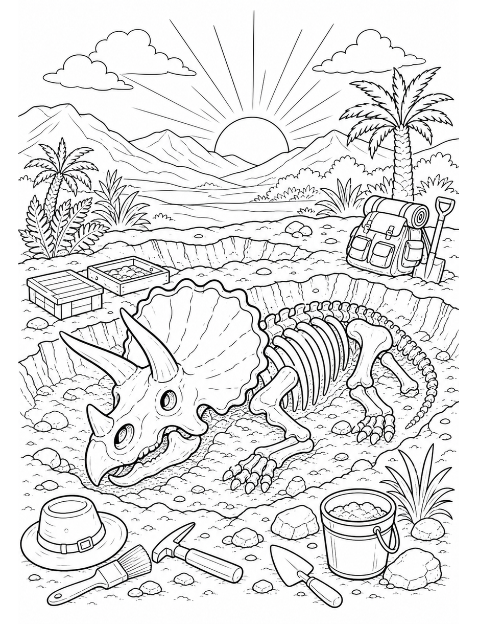 Triceratops Fossil Dig At Sunrise printable coloring page from the dinosaur coloring pages collection