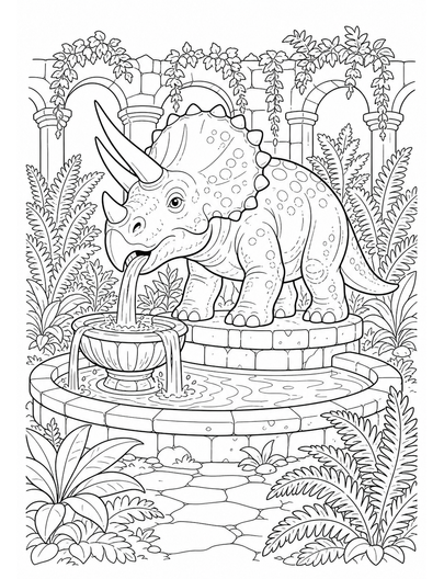 Triceratops Fountain In A Fern Courtyard printable coloring page from the dinosaur coloring pages collection