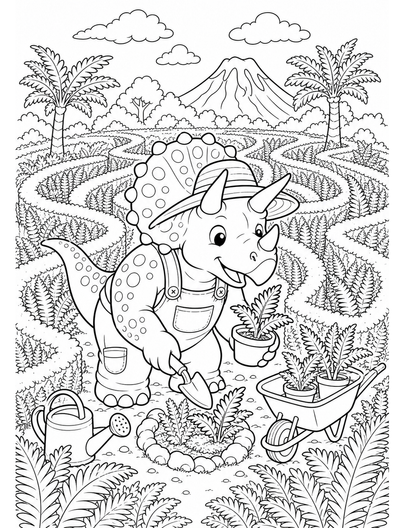 Triceratops Gardener In Fern Maze printable coloring page from the dinosaur coloring pages collection