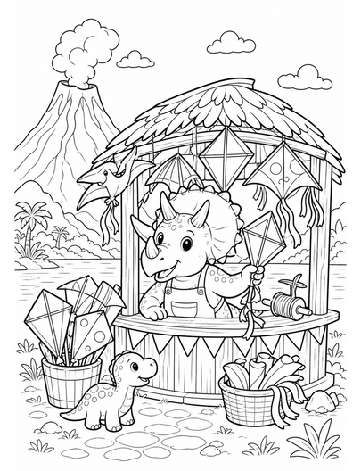 Triceratops Kite Shop By The Volcano Lake printable coloring page from the dinosaur coloring pages collection