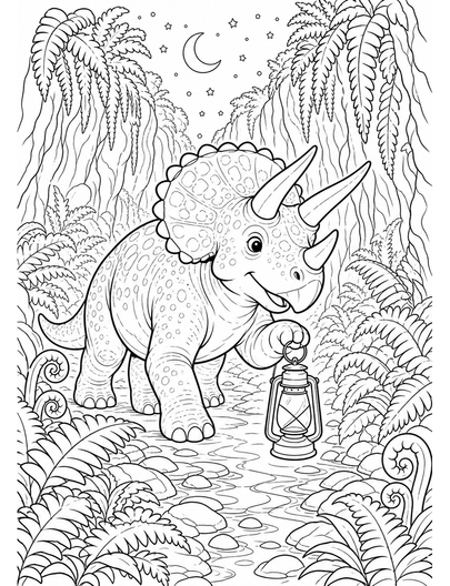 Triceratops Lantern Walk Through Fern Canyon printable coloring page from the dinosaur coloring pages collection