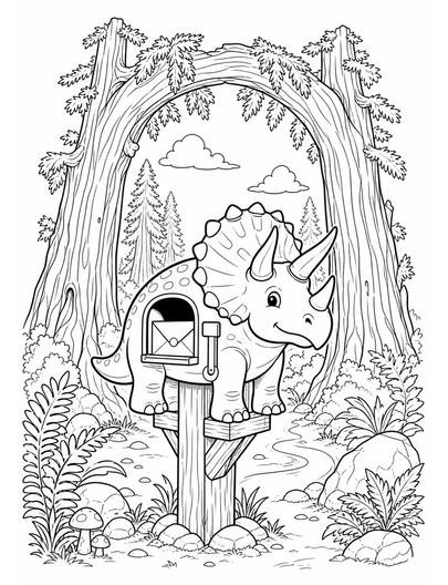 Triceratops Mailbox Under Redwood Arch printable coloring page from the dinosaur coloring pages collection