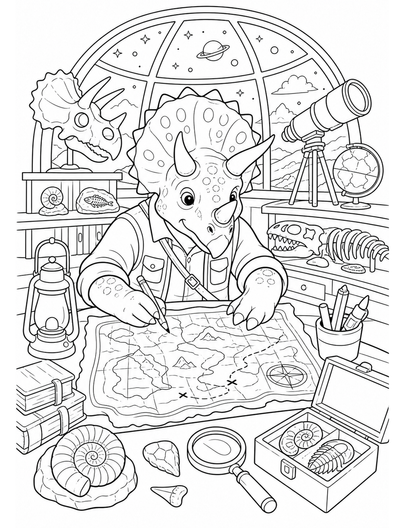 Triceratops Mapmaker In A Fossil Observatory printable coloring page from the dinosaur coloring pages collection