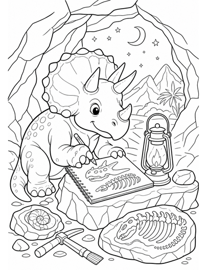 Triceratops Sketching Fossils By Lantern Light printable coloring page from the dinosaur coloring pages collection
