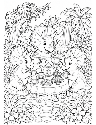Triceratops Tea Party In Jungle Garden printable coloring page from the dinosaur coloring pages collection