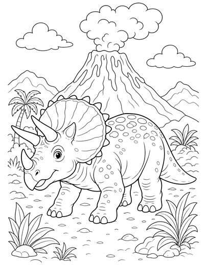 Triceratops Volcano printable coloring page from the dinosaur coloring pages collection