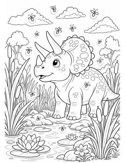Triceratops Watching Fireflies In Reed Garden printable coloring page from the dinosaur coloring pages collection