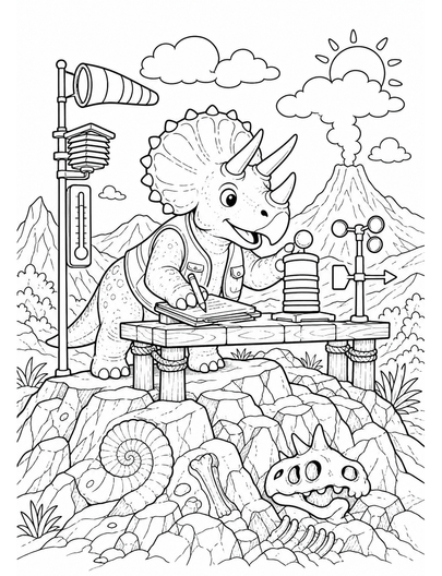 Triceratops Weather Station On Fossil Ridge printable coloring page from the dinosaur coloring pages collection