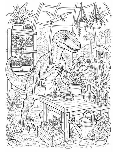 Velociraptor Botanist In A Prehistoric Greenhouse printable coloring page from the dinosaur coloring pages collection
