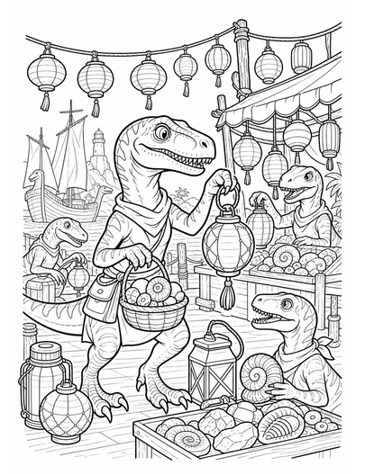 Velociraptor Lantern Market By Fossil Harbor printable coloring page from the dinosaur coloring pages collection