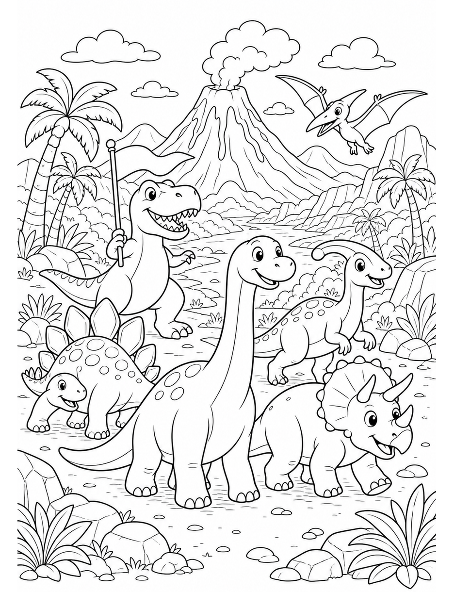 Volcano Valley Dinosaur Parade printable coloring page from the dinosaur coloring pages collection