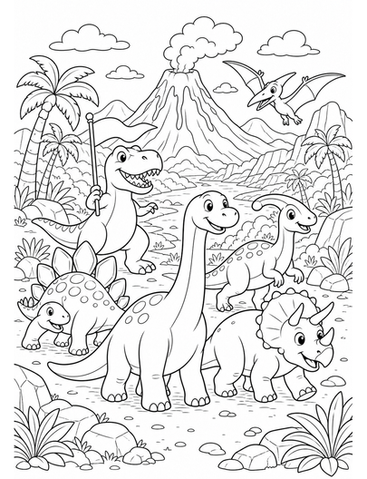 Volcano Valley Dinosaur Parade printable coloring page from the dinosaur coloring pages collection