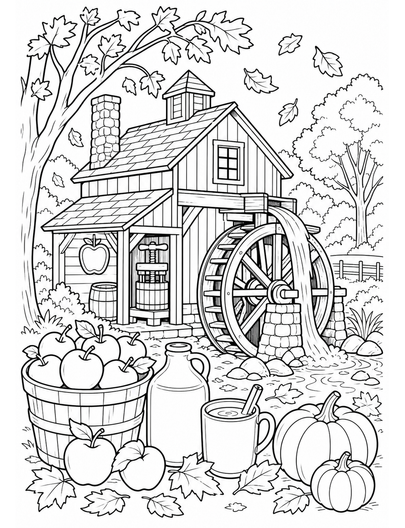 Autumn Apple Cider Mill With Falling Leaves printable coloring page from the fall coloring pages collection