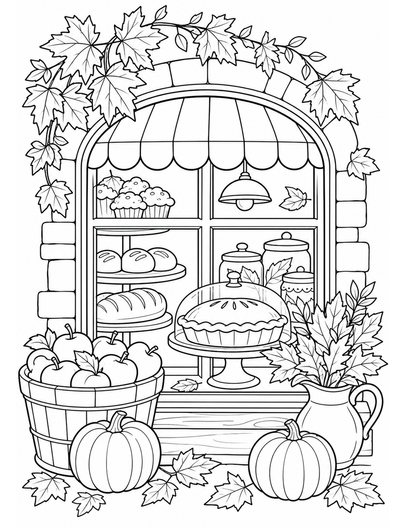 Autumn Bakery Window With Pie And Leaves printable coloring page from the fall coloring pages collection