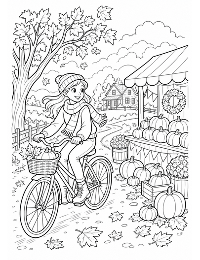 Autumn Bicycle Ride Past A Pumpkin Stand printable coloring page from the fall coloring pages collection