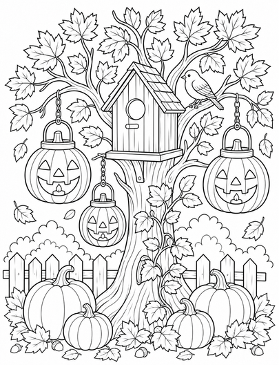 Autumn Birdhouse Tree With Pumpkin Lanterns printable coloring page from the fall coloring pages collection