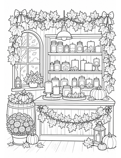 Autumn Candle Shop With Maple Garlands printable coloring page from the fall coloring pages collection