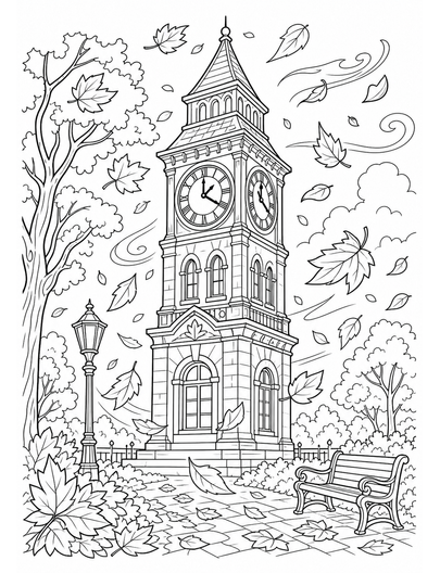 Autumn Clock Tower In A Leaf Storm printable coloring page from the fall coloring pages collection