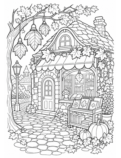 Autumn Cobblestone Bookshop With Leaf Lanterns printable coloring page from the fall coloring pages collection