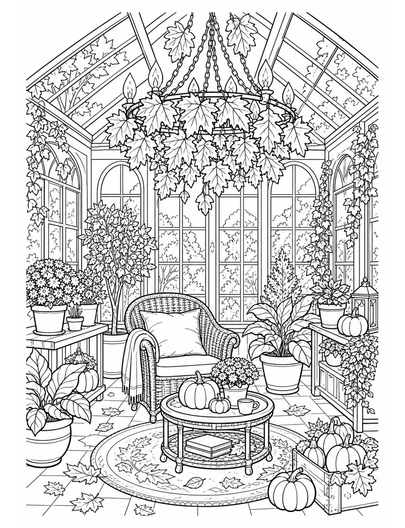 Autumn Conservatory With Leaf Chandelier printable coloring page from the fall coloring pages collection