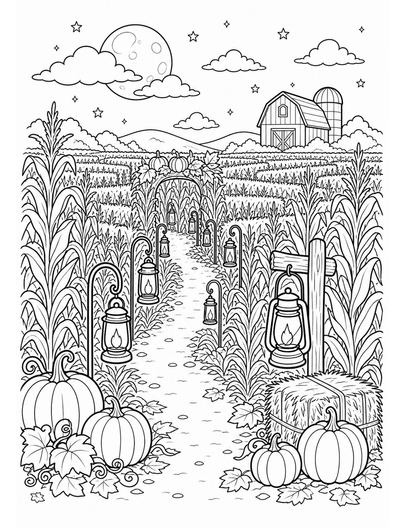 Autumn Corn Maze With Lantern Path printable coloring page from the fall coloring pages collection